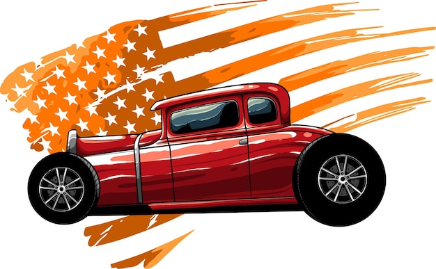 Ilustración de hot rod con bandera americana