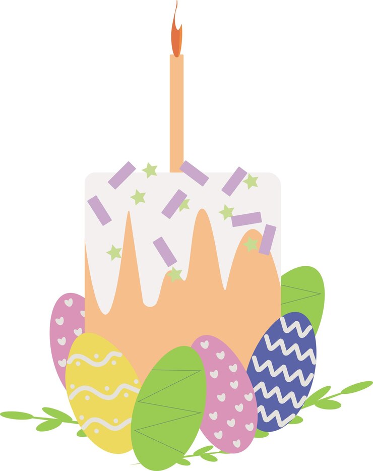 Ilustración de huevos de Pascua con ramas de pan de follaje y elementos festivos