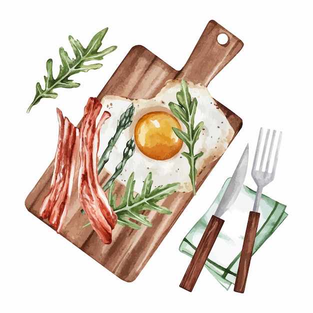 Ilustración de huevos revueltos con tocino y hierbas Un desayuno saludable para una dieta saludable Beauti