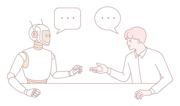 Una ilustración de un humano y un robot teniendo una conversación animada explorando la interacción de la IA