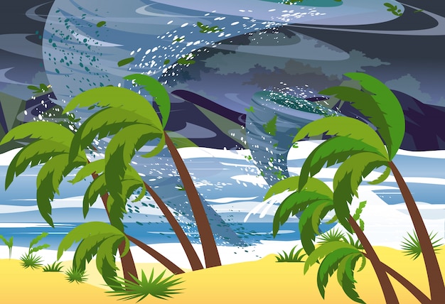 Ilustración del huracán en el océano. Enormes olas en la playa. Concepto de desastre natural tropical en estilo plano.
