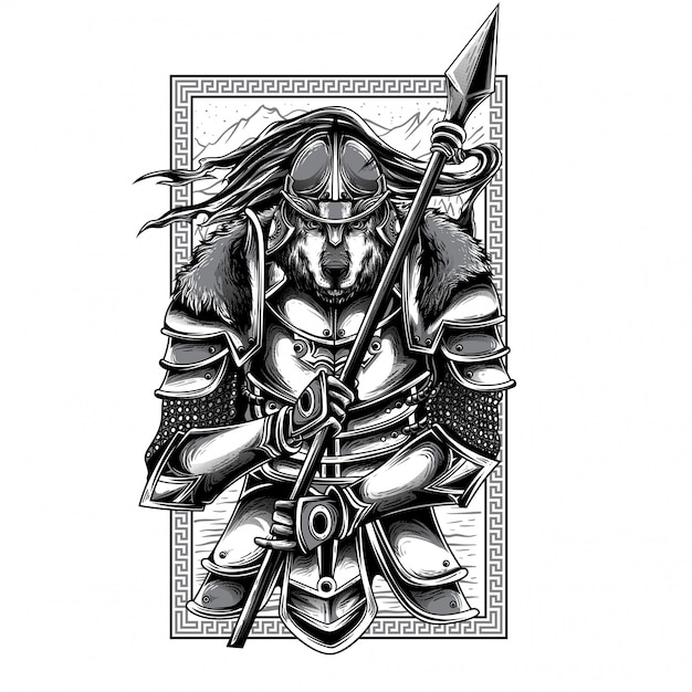 Ilustración de husaria warrior en blanco y negro