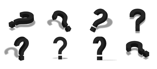 Ilustración de icono 3d de signo de interrogación negro con diferentes vistas y ángulos