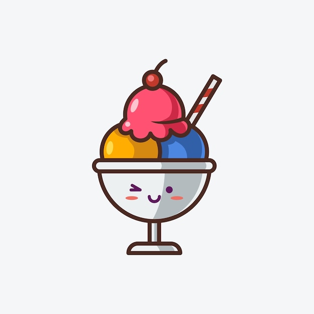 Ilustración del icono de la bola de helado lindo del emoji sonriente del icono del conjunto de ilustraciones de dibujos animados vectoriales