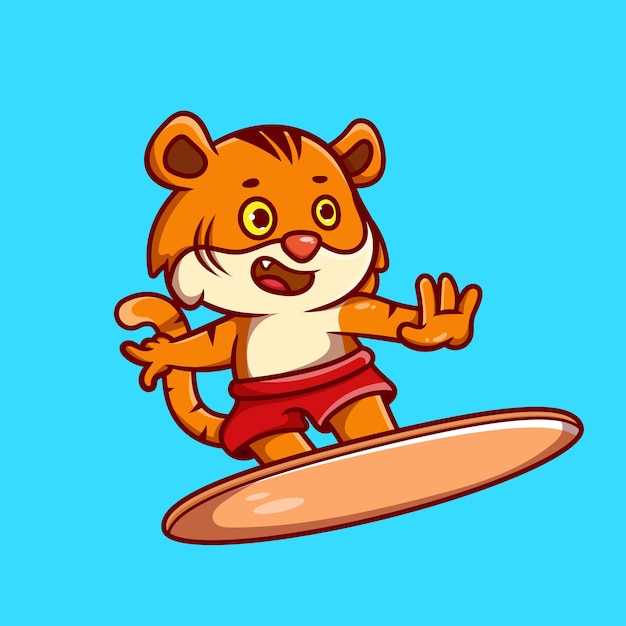 Ilustración del icono de dibujos animados Cute Surfing Tiger Estilo de diseño plano