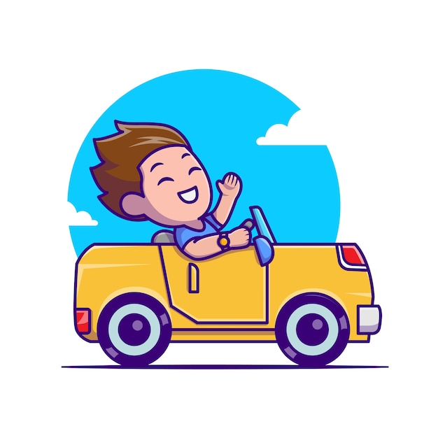 Ilustración de icono de dibujos animados de hombre conduciendo coche. concepto de icono de transporte de personas aislado. estilo de dibujos animados plana