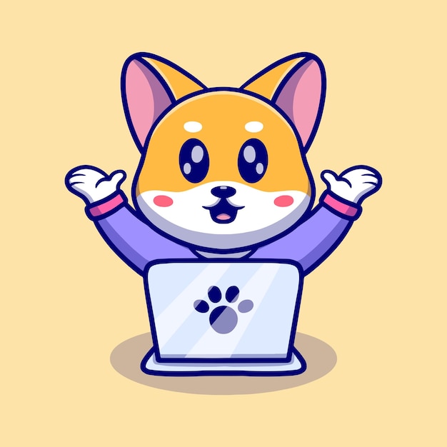 Ilustración de icono de dibujos animados lindo perro con computadora portátil