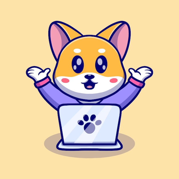 Vector ilustración de icono de dibujos animados lindo perro con computadora portátil