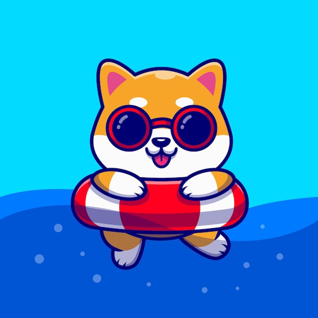 Ilustración de icono de dibujos animados lindo perro shiba inu natación