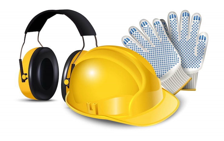 Vector ilustración de icono de equipo de seguridad para trabajadores, casco duro, auriculares y guantes. aislado en blanco