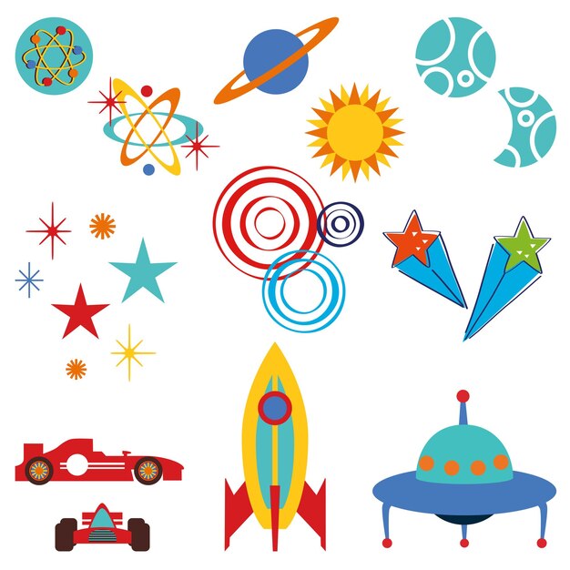 Ilustración de icono de espacio cómico con diseño de dibujo de cohete y nave espacial