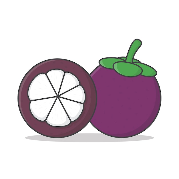 Ilustración de icono de fruta de mangostán. Icono plano entero y rebanada de mangostán