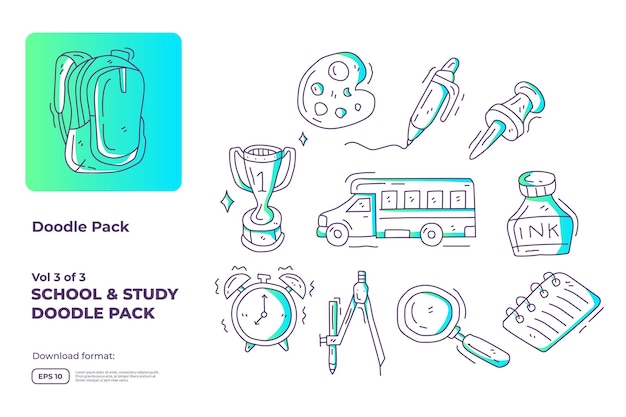 Ilustración de icono de garabato de escuela y estudio con ilustración de vector de estilo de línea de color degradado