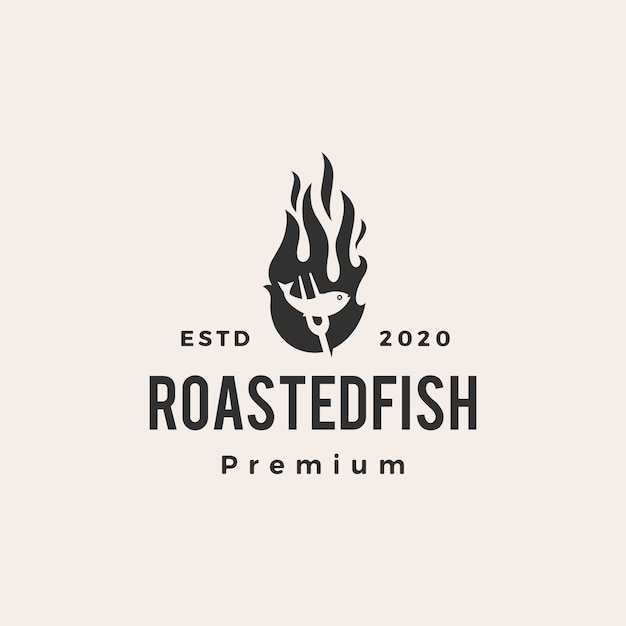 Ilustración de icono de logotipo vintage de llama de fuego de pescado asado