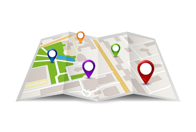 Ilustración del icono de mapa de la ciudad. Símbolo de la calle de la ciudad de viaje. Diseño de mapa con señal de gps pin