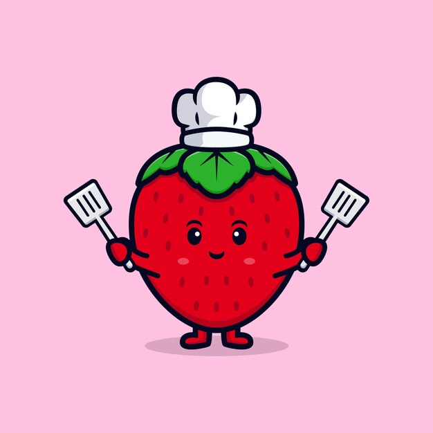 Ilustración de icono plano de personaje de chef de fresa lindo