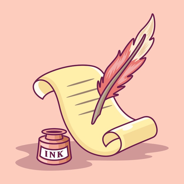 Vector ilustración de icono de pluma de pergamino y pluma. pluma de pluma escribiendo en papel. concepto de icono de herramienta blanco aislado sobre fondo rosa