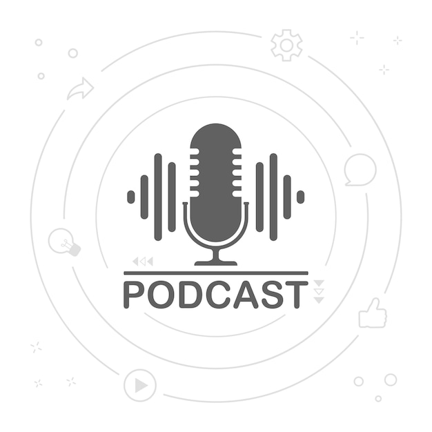 Ilustración de icono de radio de podcast. Micrófono de mesa de estudio con podcast de texto de transmisión. Logotipo de concepto de grabación de audio por webcast.
