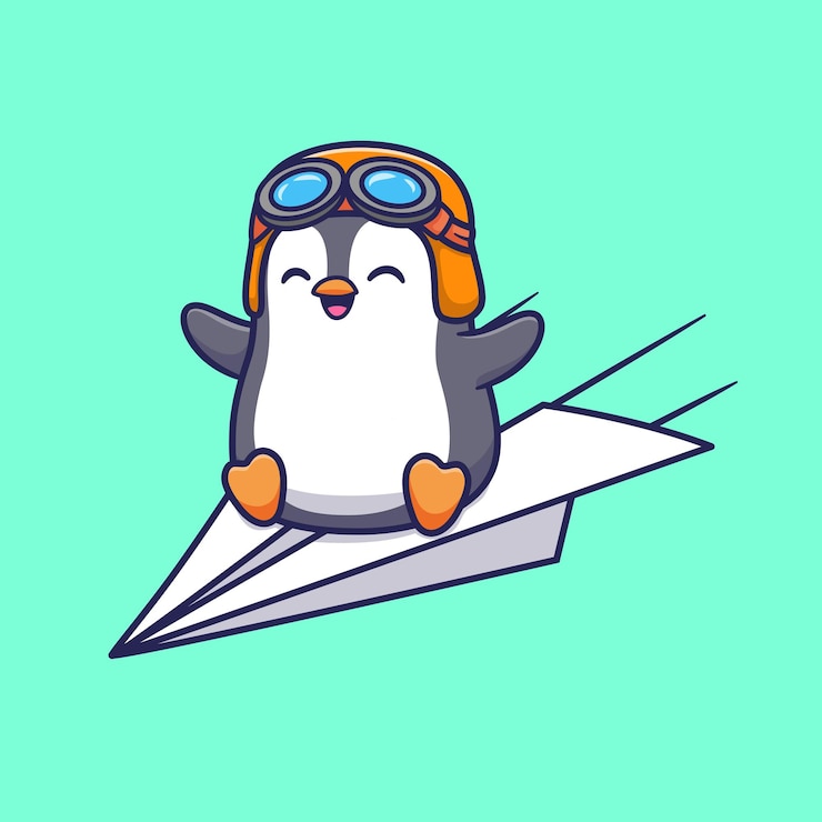 Vector ilustración de icono de vector de dibujos animados de avión de papel de pingüino lindo. transporte de animales aislado