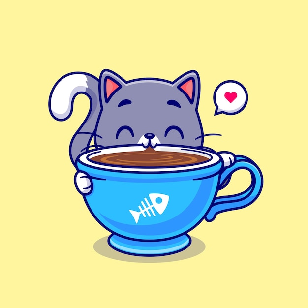 Ilustración de icono de vector de dibujos animados de café de bebida de gato lindo. Concepto de icono de comida para animales Vector Premium aislado. Estilo de dibujos animados plana