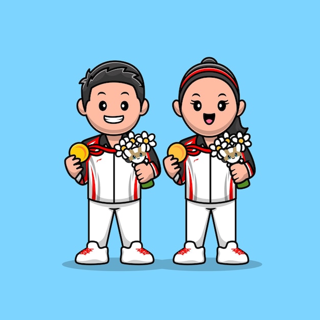 Ilustración de icono de vector de dibujos animados de campeón ganador lindo niño y niña. Concepto de icono de campeón de personas aislado Vector Premium. Estilo de dibujos animados plana