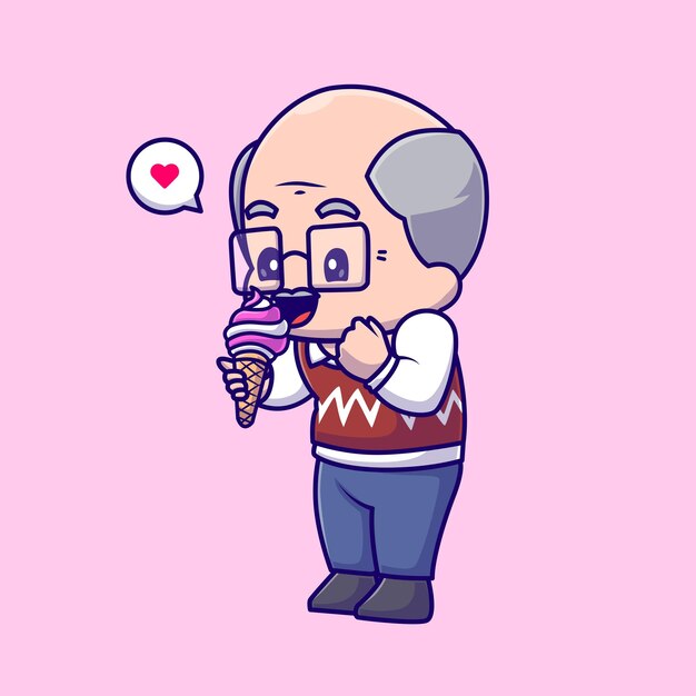 Ilustración de icono de vector de dibujos animados de cono de helado de abuelo lindo. Icono de comida de personas aislado