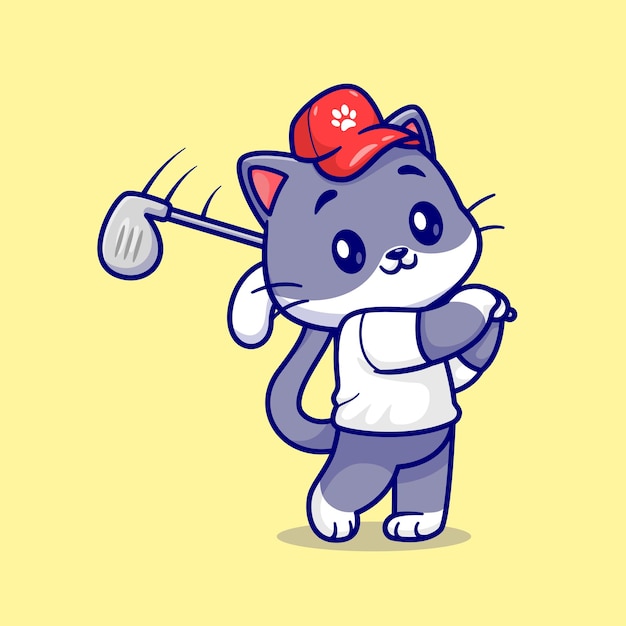 Ilustración de icono de vector de dibujos animados de gato lindo jugando golf. concepto de icono de deporte animal aislado premium vector. estilo de dibujos animados plana