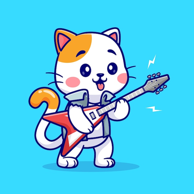 Ilustración de icono de vector de dibujos animados de gato lindo tocando guitarra. Concepto de icono de música animal aislado Premium