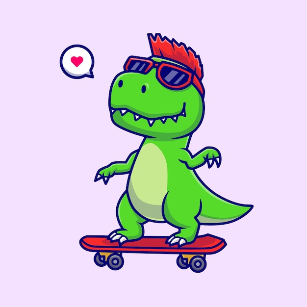 Ilustración de icono de vector de dibujos animados lindo Dino jugando patineta. Concepto de icono de deporte animal aislado