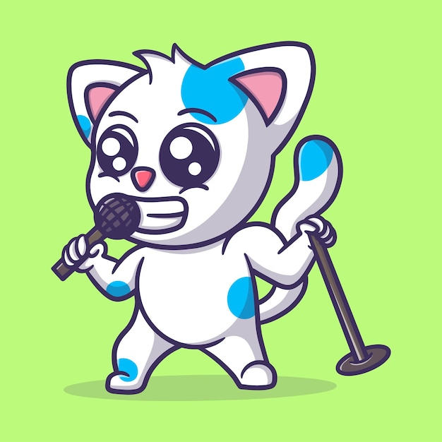 Ilustración de icono de vector de dibujos animados lindo gato cantando