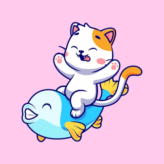 Ilustración de icono de vector de dibujos animados lindo gato montar pescado. Naturaleza Animal Icono Concepto Aislado Premium