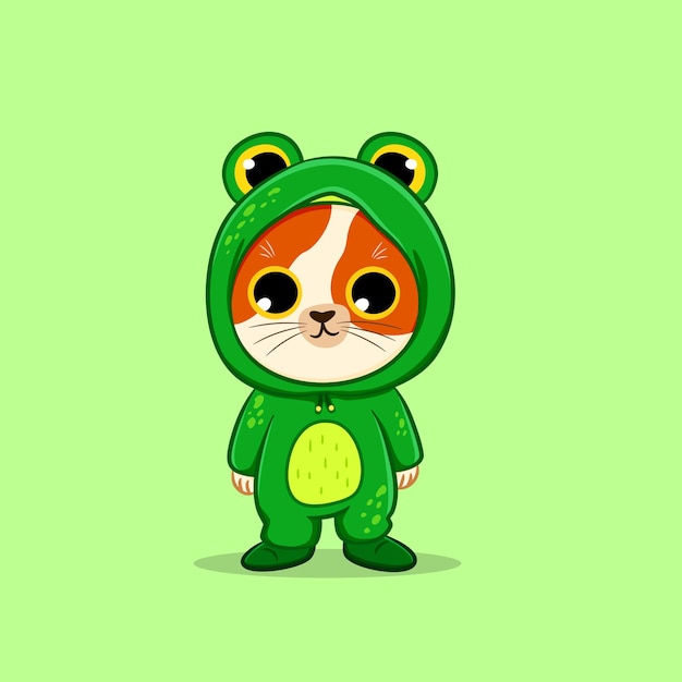 Ilustración de icono de vector de dibujos animados lindo gato con traje de rana