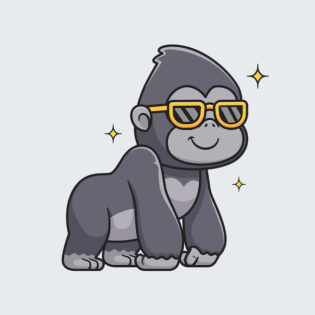 Ilustración de icono de vector de dibujos animados lindo gorila fresco con gafas. Icono de naturaleza animal plano aislado