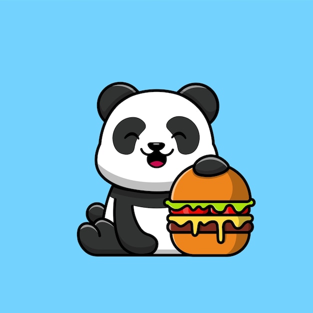 Ilustración de icono de vector de dibujos animados lindo panda y hamburguesa