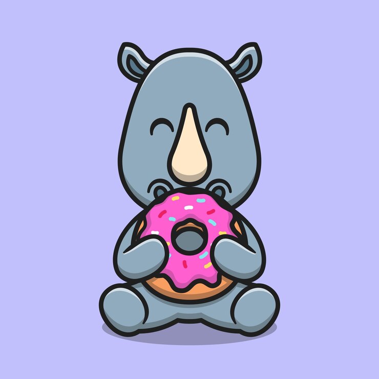 Ilustración de icono de vector de dibujos animados lindo rinoceronte comiendo donut