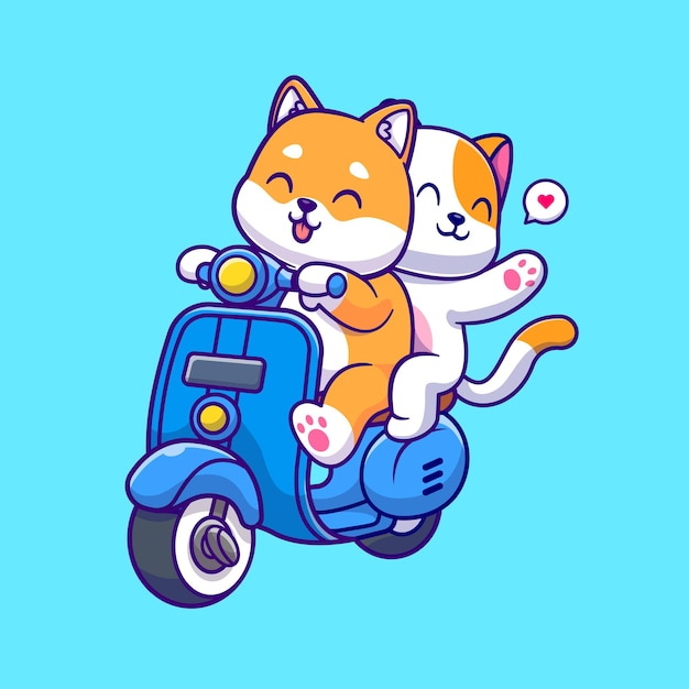 Ilustración de icono de vector de dibujos animados lindo Shiba Inu perro y gato montando scooter. Transporte de animales