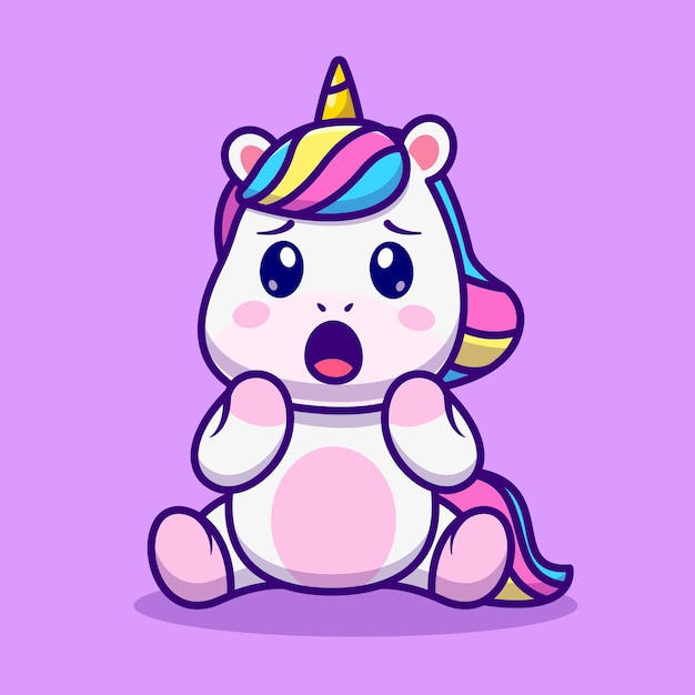 Ilustración de icono de vector de dibujos animados lindo unicornio sorprendido. Concepto de icono de naturaleza animal aislado Vector Premium. Estilo de dibujos animados plana