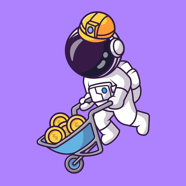 Ilustración de icono de vector de dibujos animados de moneda de oro de minería de astronauta lindo. Icono de finanzas ciencia aislado