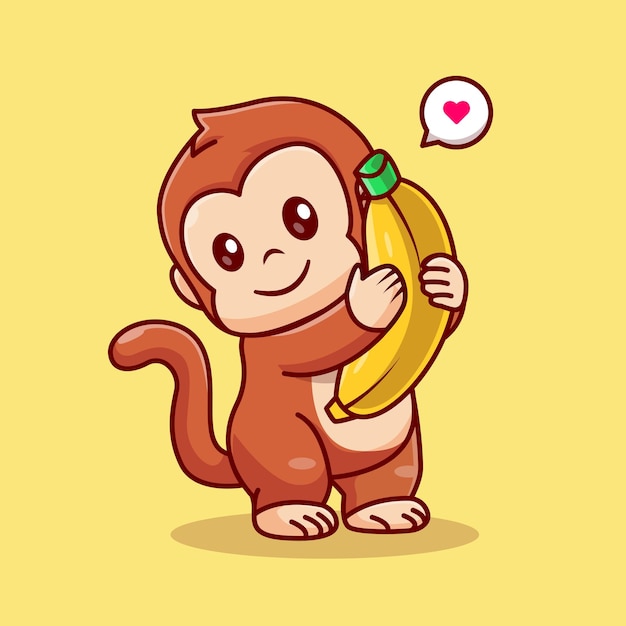 Ilustración de icono de vector de dibujos animados de plátano de abrazo de mono lindo. Concepto de icono de alimentos para animales Premium aislado