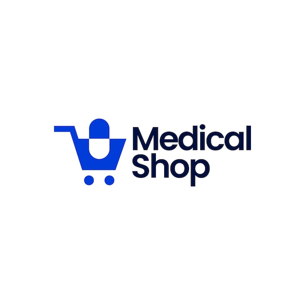 Ilustración de icono de vector de logotipo de cápsula de carro de tienda de tienda médica