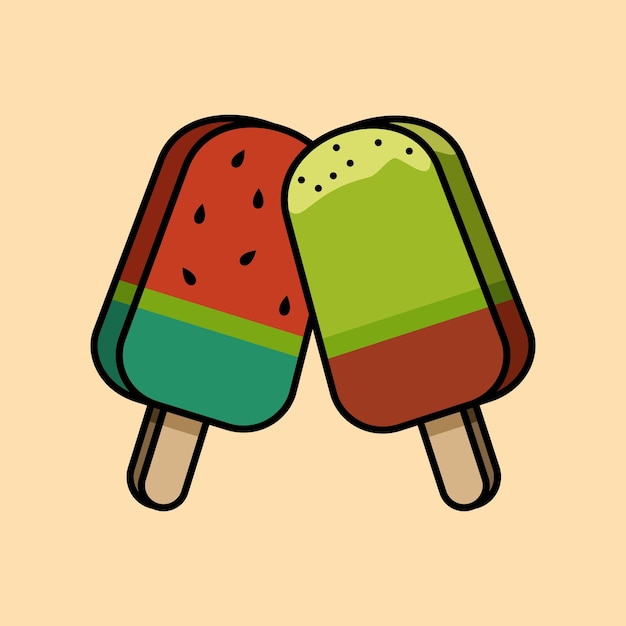 Ilustración de icono de vector de palo de helado de melón de agua y kiwi comida y bebida de verano