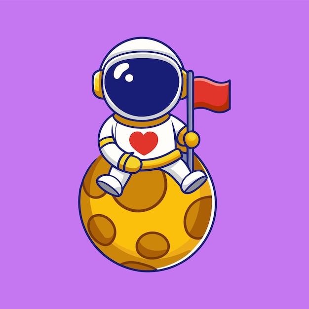 Ilustración de icono vectorial de dibujos animados de un astronauta lindo sosteniendo una bandera en la Luna