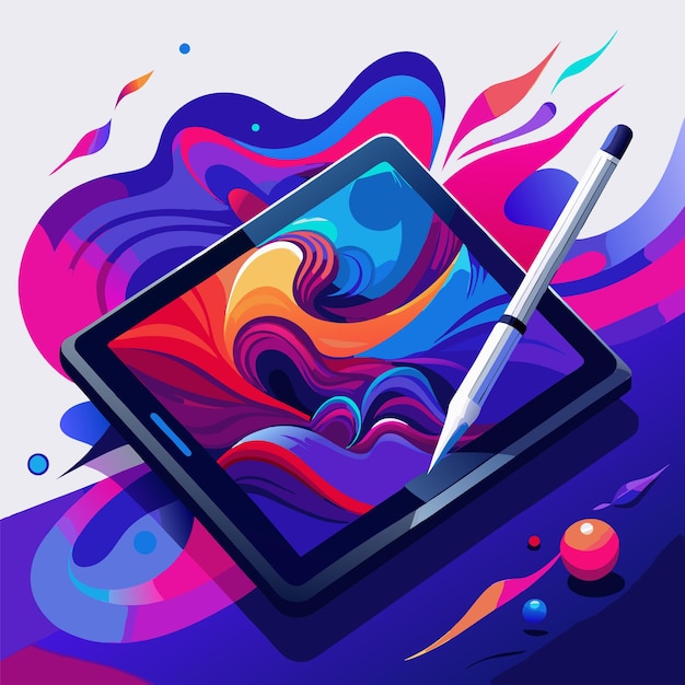 Ilustración del icono vectorial de dibujos animados de la tableta y el lápiz