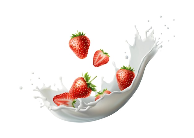 Ilustración de icono vectorial realista Leche de fresa Salpicaduras de leche con fresas cayendo Isola