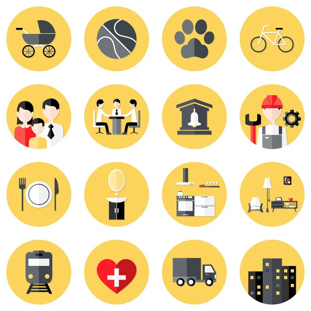 Ilustración de iconos de círculo plano de intereses de personas en amarillo