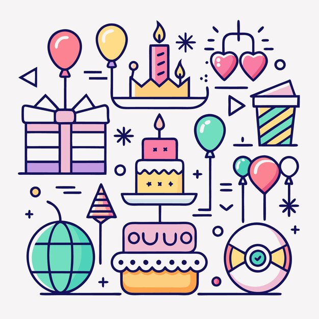 Ilustración de iconos coloridos de la fiesta de cumpleaños