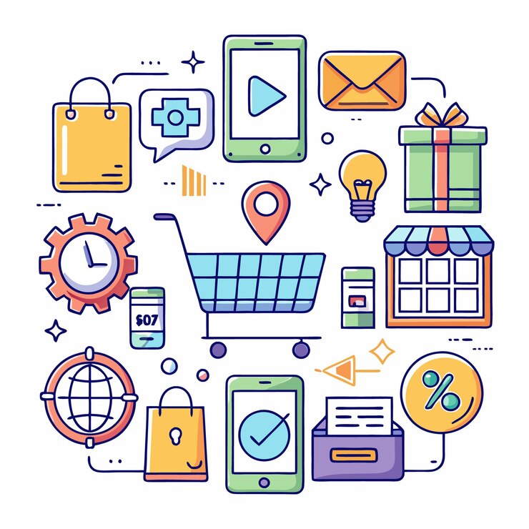 Vector ilustración de iconos coloridos relacionados con las compras en línea y el comercio electrónico, incluido un regalo para el carrito de compras, un teléfono inteligente y un signo de porcentaje