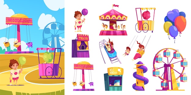 Vector ilustración y iconos de parques de atracciones de dibujos animados dibujados a mano