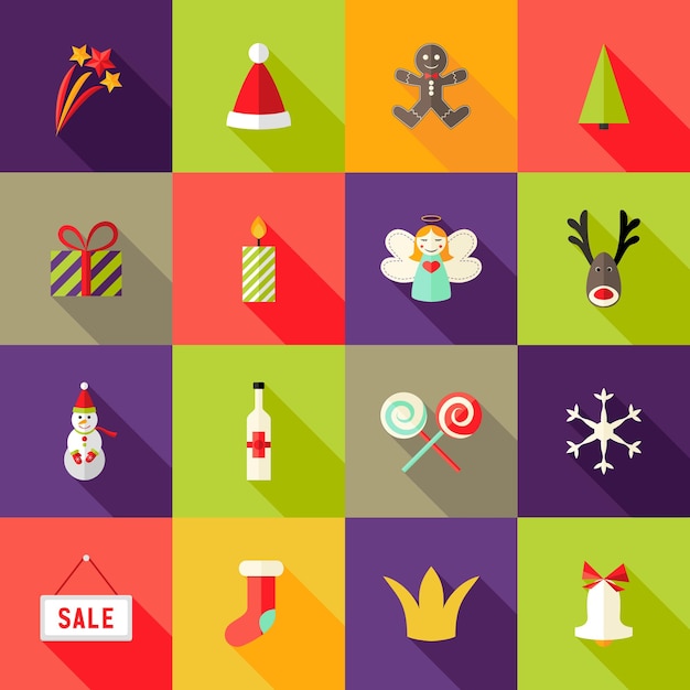 Ilustración de iconos planos cuadrados de navidad set 3