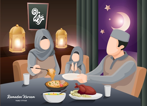 Ilustración de iftar dibujada a mano de familia felizxA